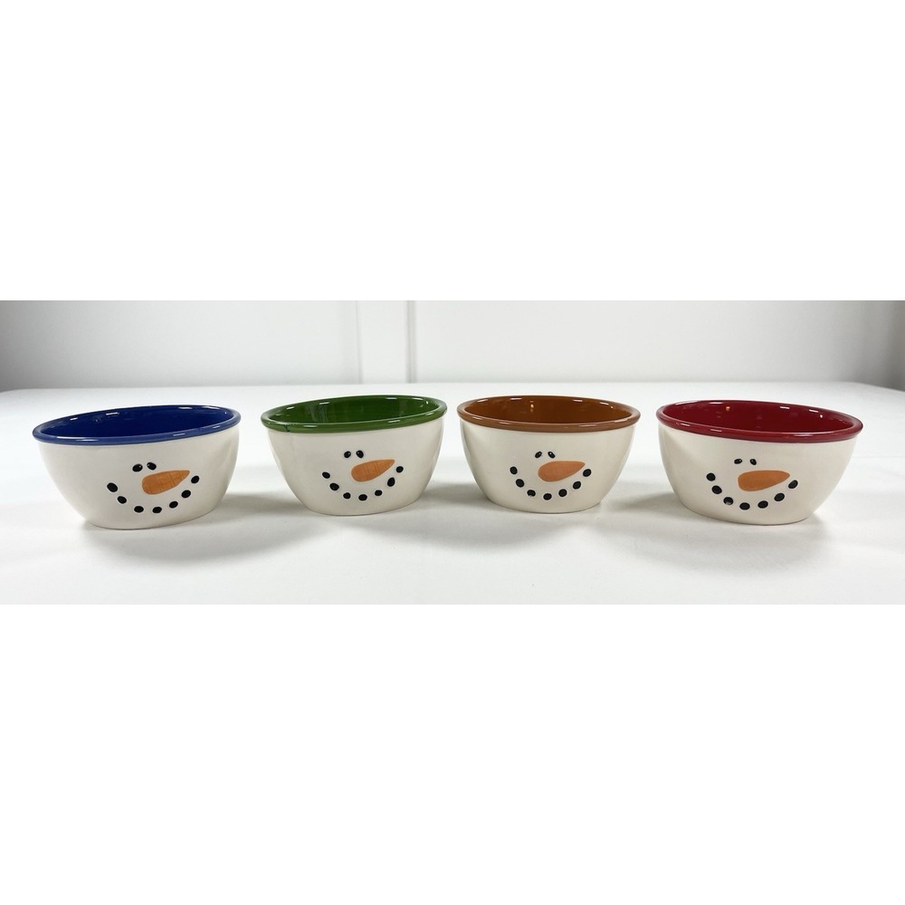4 Vintage 90s Snowman Stoneware Bowls Snack Ice Cream Dessert Christmas‎ Decor